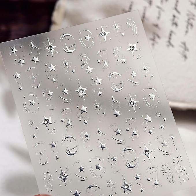 Shine Silver Star Nail Stickers for Nail Art 5D Embossed Self-Adhesive Pentagram Nail Decals with Rhinestones Designs for Women DIY Manicure Supplies Decorations 1 Sheets
