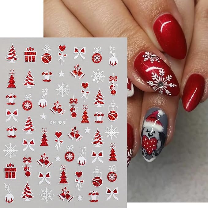 Christmas Nail Art Stickers Deer Antler Christmas Nail Decals 3D Self-Adhesive Nail Art Supplies 6PCS Red Bell Xmas Trees Santa Claus Elk Xmas Design Nails Adhesive Stickers for Women Nail Decorations