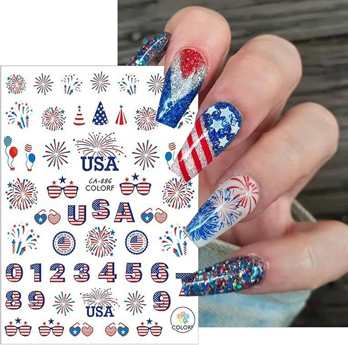 6Pcs Independence Day Nail Stickers for Nail Art - Celebrate 4th of July Nail Decals 3D Self-Adhesive USA Flags Heart Star Bow Eagle Design Firework Sticker for Memorial Day DIY Patriotic Nail Decor