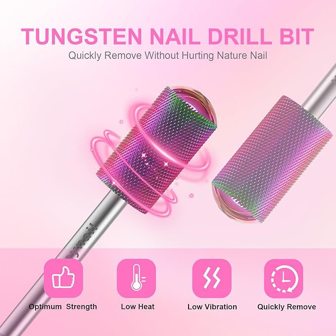 3/32" 2PCS Large Barrel Smooth Round Top Tungsten Carbide Nail Drill Bit Safety Bit for Gel & Acrylic Removal, 2-Way Rotating Efile Tip, Salon Electric File Accessory (XF Grit, Multicolor)