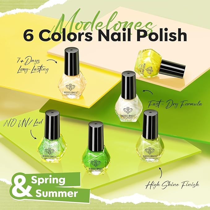 modelones Green Nail Polish, 6 Colors Yellow White Glitter Quick Dry Nail Polish Set Mini Finger Long Lasting Fast Drying Manicure DIY Nail Art Home Salon Gift For Women Girls