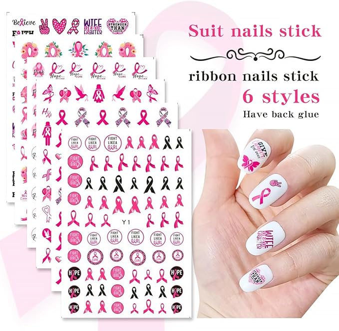 6 Sheets Breast Cancer Nail Art Stickers 3D Self-Adhesive Heart Letter Nail Stickers Pink Ribbon Nail Decals Breast Cancer Awareness Nail Design Supplies for Women Acrylic DIY Manicure Salon