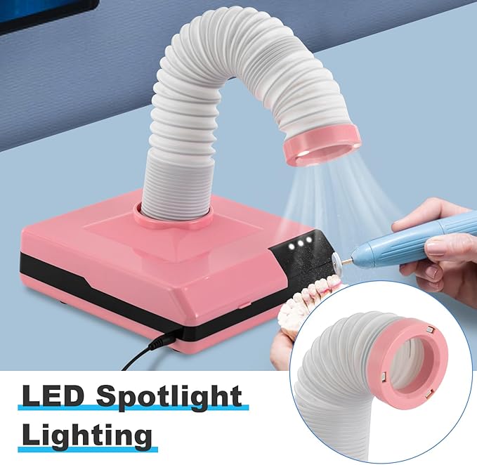 Nail Dust Collector, 60W Dental Polishing Dust Collector with Fan and LED Dual Function Low Noise Dust Suction Machine with Large Caliber Vacuum Cleaner Hose(2.4 In) for Dental Lab Nail Salon (Pink)