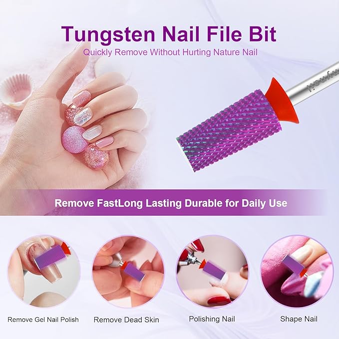 Cnynail 3/32" Large Tapered Barrel Flat Bit Tungsten Carbide Nail Drill Bit Safety Bit for Gel & Acrylic Removal, 2- Way Rotating Efile Tip, Salon Electric File Accessory (F Girt, Purple)