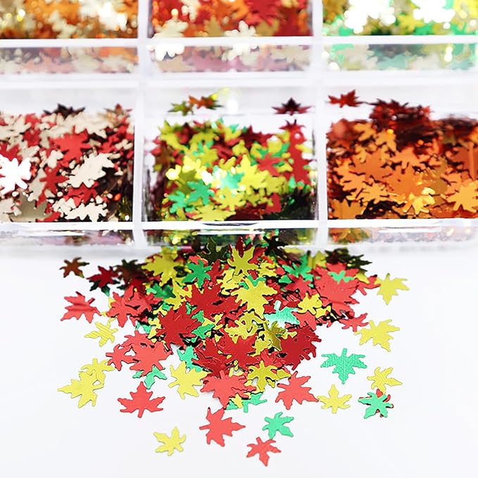 Maple Leaf Nail Art Glitter Sequins, 3D Fall Leaves Sparkly Nail Flakes Designs, Laser Autumn Maple Leaves Confetti Acrylic Supplies for Thanksgiving, Women Girls Manicure Tips Holiday Decorations