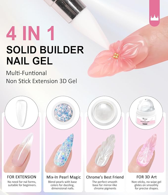 Solid Builder Gel and Chrome Nail Powder Kit BISHENGYF: 4 In 1 No Wipe 3d Sculpting Nail Gel Silver Aurora White Pearl Chrome Nail Powder Clear Non-Sticky Hand Extension Glue for Nail Decoration 30g