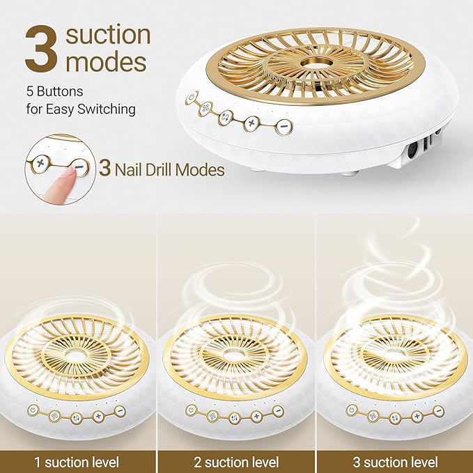 Nail Dust Collector 5000RPM Quiet Vacuum Fan - 30000RPM Nail Drill Electric File with Multiple Professional Grinder Bits(2 in 1 Set),Home & Salon Manicure - Beginners & Pros