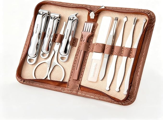 Manicure Sets Stainless Carbon Steel and Pedicure Kits – Nail Clippers with Leather Case, Portable Unisex (Ideal for Women) Personal Care Tools for Perfect Nail Grooming(Brown)
