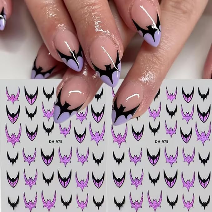 Halloween Nail Art Stickers 3D Bat Nail Stickers Colorful Bat Nail Art Decals Self-Adhesive Nail Decals Horror Nails Design Supplies Laser Gold Silver Red Purple Bats Nails Decorations Accessories