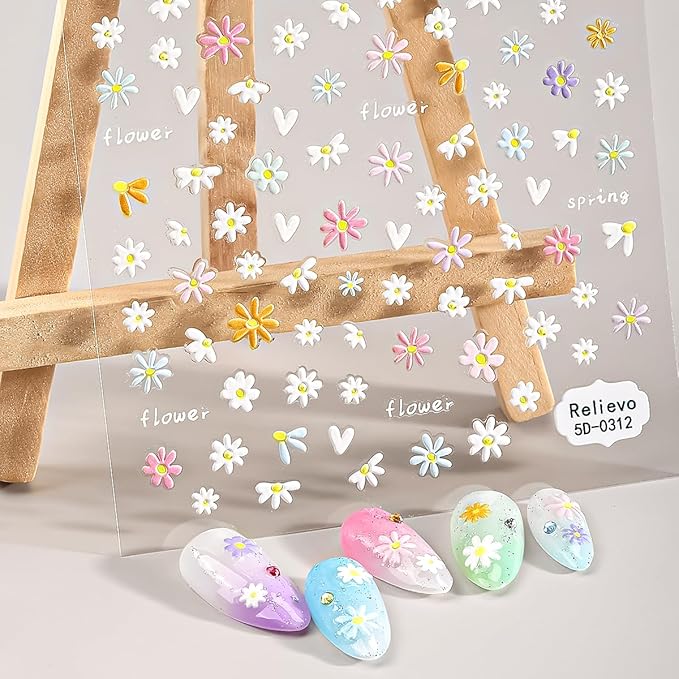 Nail Art Stickers Decals 5D Embossed Flower,Nail Decals Spring Summer Daisy Nail Art Design Self-Adhesive,Nail Accessories for Women Nail DIY Decoration
