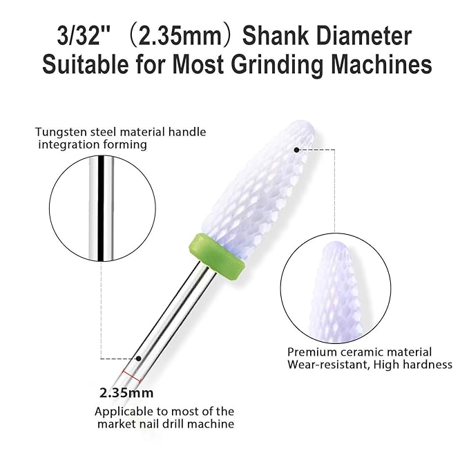5 Size Professional Corn Head Ceramic Nail Drill Bits Set with Holder for Electric Nail File Manicure Pedicure Acrylic Gel Polishing, 3/32'' (2.35mm)