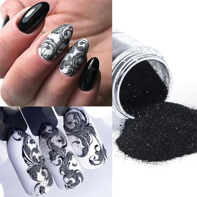 Black White Nail Glitter Powder, 6 Jars Extra Fine Sugar Glitter for Nails, French Tips Dipping Powder, Sugar Sand Coating Effect Sweater Knit Nail Design, Winter Nail Decoration Supplies