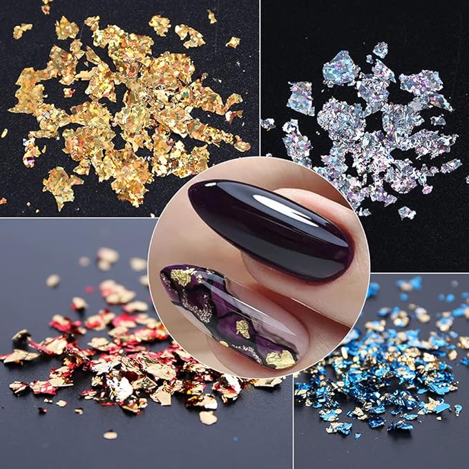 Gold Nail Art Glitter & Sequins Holographic Irregular Foil Sticker 3D Glitter Foil Flakes Decals - 12 Colors