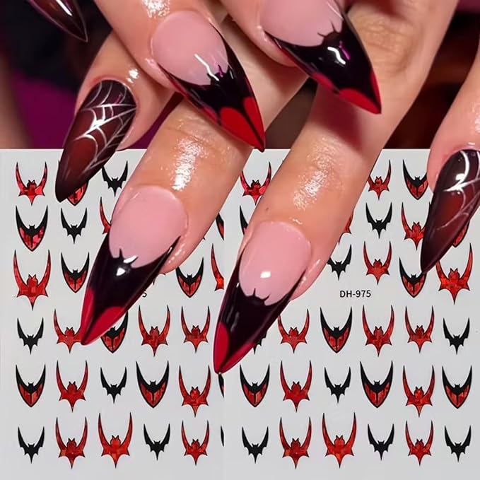 Halloween Nail Art Stickers 3D Bat Nail Stickers Colorful Bat Nail Art Decals Self-Adhesive Nail Decals Horror Nails Design Supplies Laser Gold Silver Red Purple Bats Nails Decorations Accessories