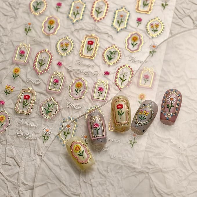 Flower Nail Decals Embossed Summer Tulip Nail Art Stickers 5D Self-Adhesive Gold Pink Nail Stickers Floral Nails Designs Decals Summer Nails Decoration for Women Girls