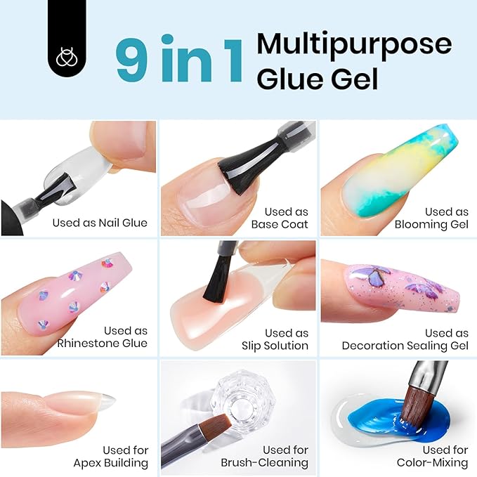 Beetles 15ml Gel Nail Glue 9 in 1 for Acrylic Nails Tips and Clear Press on Nails, Long Lasting Extension Glue, Base Coat, Blooming Art Gel, Fall Halloween Nails, U V Light Cured