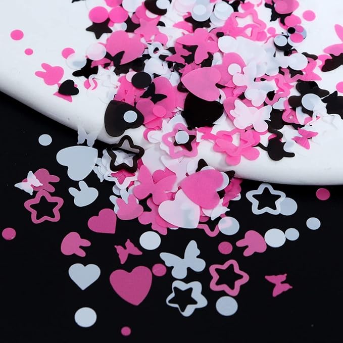 Holographic Nail Art Glitter Sequins, 3D Pink Black Glitter Flakes Nail Art Designs, Love Heart Butterfly Star Floral Acrylic Nails Supplies for Women Girls Manicure Decorations DIY Shiny Nails Crafts