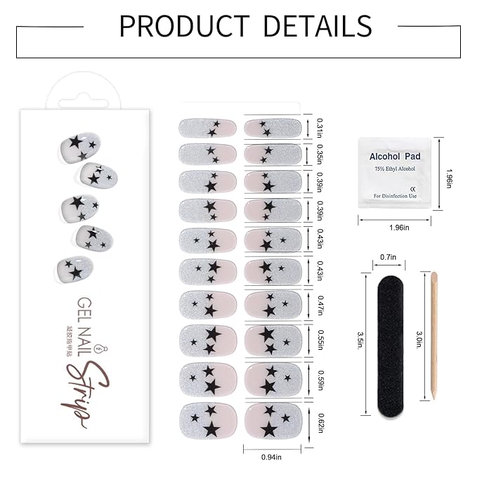 WOKOTO 1 Sheet Semi Cured Gel Nail Strips With Wood Stick, Nail File & Prepared Pads, 20 Tips Star & Glitter French Semi Cured Nail Polish Strips, Harden With UV Light Gel Nail Stickers Wraps