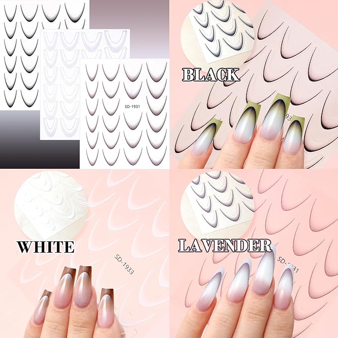 12 Sheets Colorful French Tip Nail Stickers, Gradient French Line Nail Art Stickers with Tweezer, French Tip Nail Decals 3D Self-Adhesive Nail Tips Guides for Women Manicure Decoration