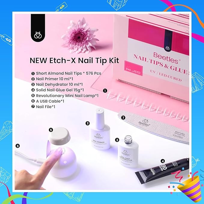 Beetles Gel Nail Kit Short Almond with Nail Dehydrator and Primer, 576Pcs Half Matte Etch-X Gel Nail Tips Solid Nail Glue Mini Nail Lamp Acrylic Nail Tips Easy DIY Nail Extension Set Gift for Women