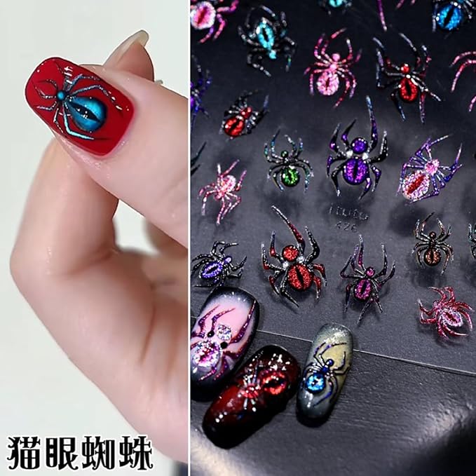 5D Spider Halloween Nail Stickers for Nail Art 3D Glitter Spider Web Nail Decals 1 Sheets Colorful Relief Spider Nail Art Designs Festive Embossed Adhesive Sliders Decal DIY Manicure Decor for Women