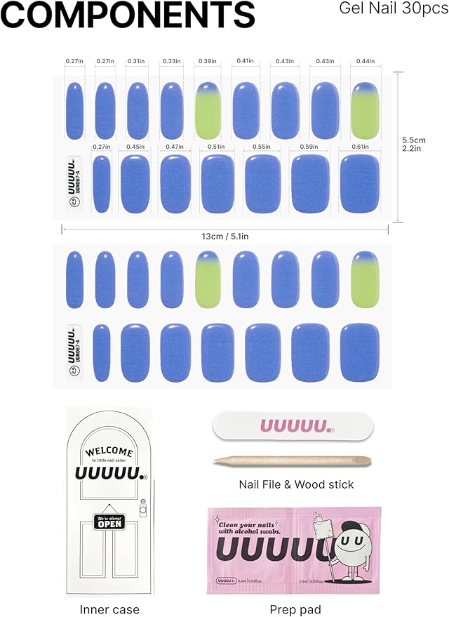 UUUUUU Semi Cured Gel Nail Strips | Salon-Quality | UV Free Gel Nail Wraps for Women | Easy Peel&Stick | Long-Lasting up to 14 Days | 28 Strips Set+File & Wipes | Gift-Ready (UGN075 - Blue Hawaii)