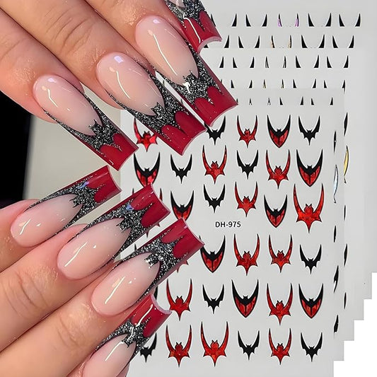 Halloween Nail Art Stickers 3D Bat Nail Stickers Colorful Bat Nail Art Decals Self-Adhesive Nail Decals Horror Nails Design Supplies Laser Gold Silver Red Purple Bats Nails Decorations Accessories