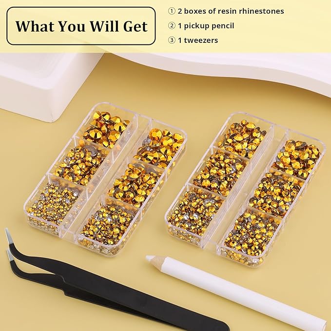 Resin Rhinestones for Crafting, 2 Boxeses Gold Multi Sizes Flatback Bedazzling Crystals for Crafts Nail Art Decoration, Non Hotfix Gems Charms for Tumbler Shoes Clothing Fabric Face Makeup