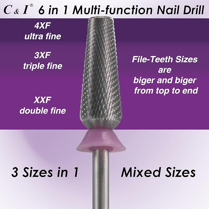 C & I Nail Drill Bit 6 in 1 Multi-function Rounded End E File, Tungsten Steel CNC Overall Cutting, Manicure Tool for Nail Tech Quick Remove Nail Gels, Acrylic Nails (Original, Double Fine -XXF)