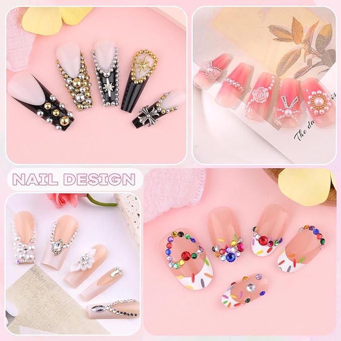 10000Pcs Nail Gems and Rhinestones for Nail Art with Rhinestone Glue, Flatback Nail Pearls and Caviar Nail Beads(Silver+Gold, Colorful Rhinestones Bedazzling Gems Pearl Nail Charms for Nail Design