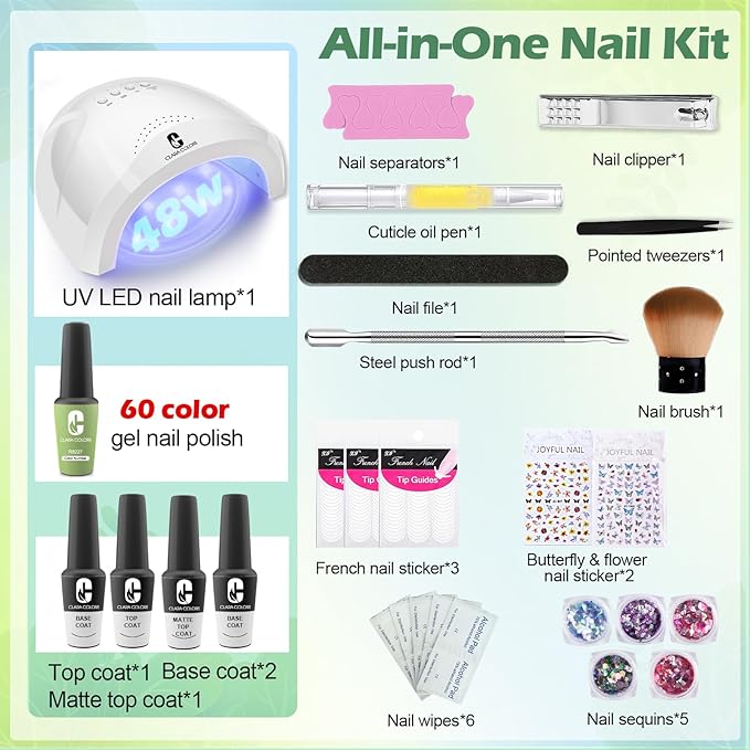 Clara Colors 64 Pcs Gel Nail Polish Kit with UV Light - 60 Colors All Seasons Soak Off Gel Polish Nail Set with Matte/Glossy Base Top Coat Manicure Tools All-In-One Gel Starter Kit Nails Art DIY