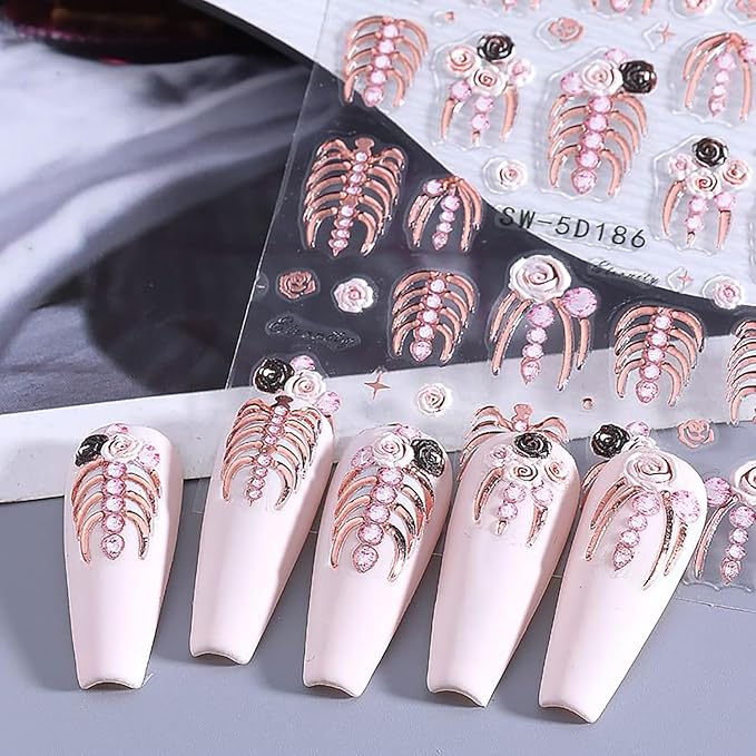 Halloween Nail Art Stickers 5D Relief Skeleton Hand Rose Flowers Nail Decals Self -Adhesive Gold Rose Gold White Nail Decals Holographic Halloween Nail Decoration for Women Manicure Supplies