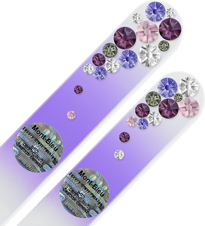 Professional Nail Files - Mont Bleu Set of 2 Glass Nail Files Hand Decorated with Crystals - Handmade Gifts for Women - Czech Tempered Glass - Travel Nail File for Shiny Nails