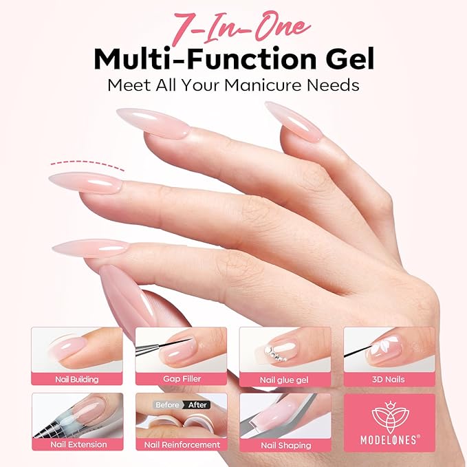 modelones Base Coat Builder Nail Gel, Clear Builder Nail Polish 7-in-One with Detachable Liner Nail Brush LED Lamp Cured Strengthener Color Rubber Base Coat for Apex Building Extension Thickening 10ml
