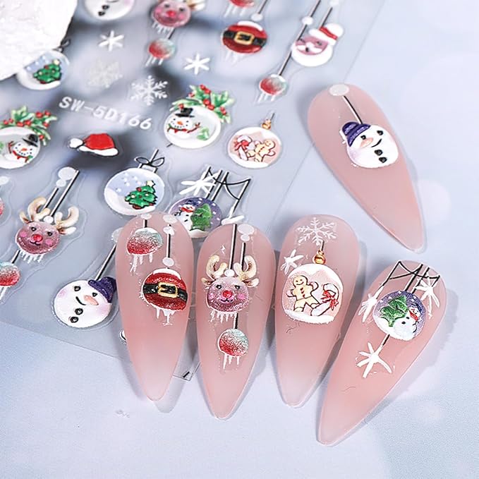 2 Sheets Christmas 5D Embossed Nail Art Stickers for Xmas Trees, Gift, Snowman Nail Decals with Gold, Silver Ball, Reindeer, Elk Designs for Women, Cute Winter Stickers