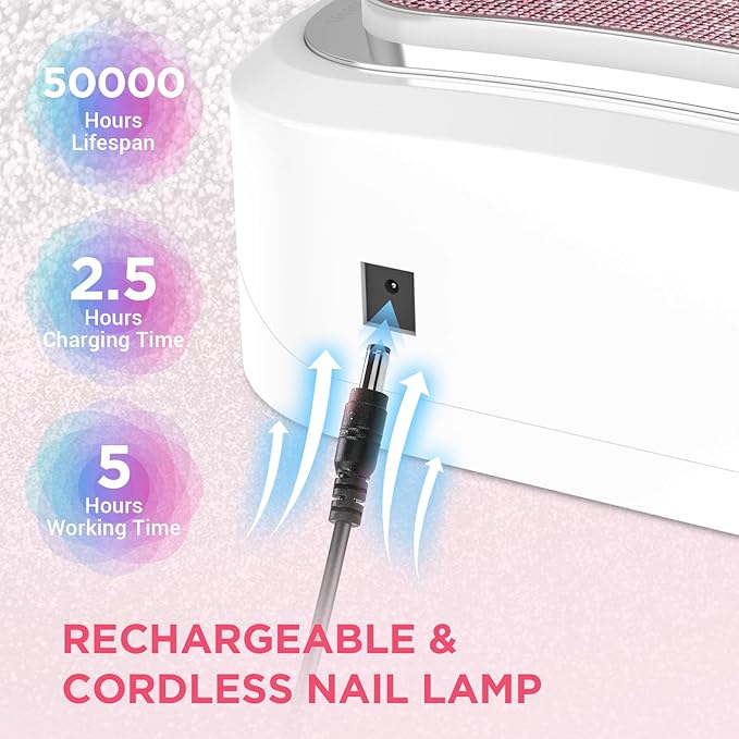 Aedavey Cordless Nail Lamp, Rechargeable UV Nail Lamp for Gel Nails, LED Nail Lamp with 4 Timer Modes, Gel Nail Light Decorate with Sparkling Nail Rhinestones Diamond (Sparkly Pink Diamond)