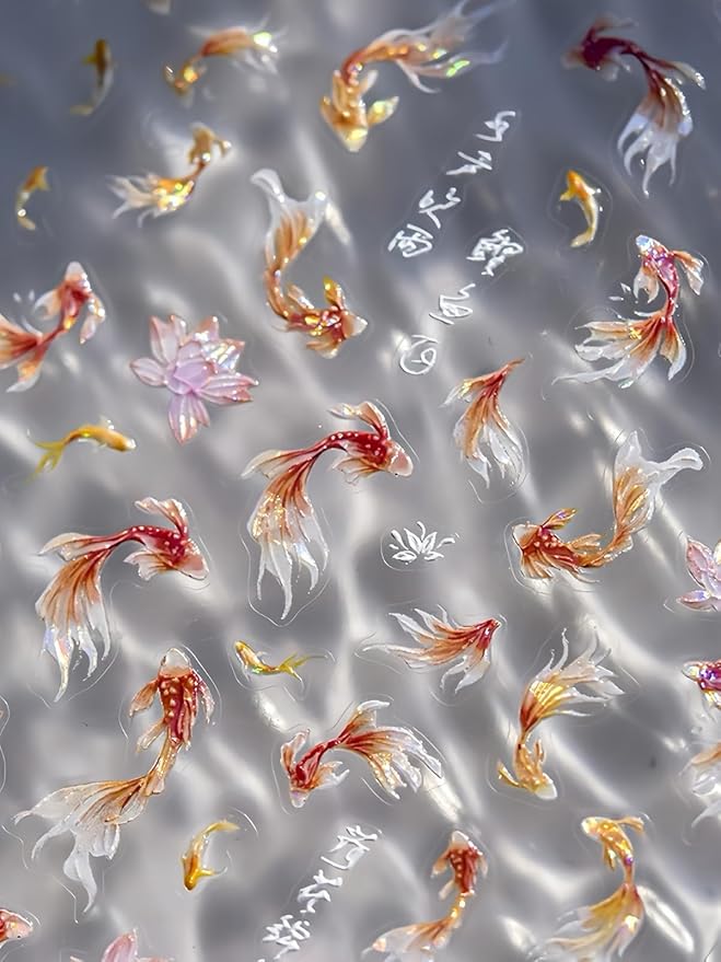 Golden Koi Fish Nail Stickers 5D Embossed – Premium Salon-Quality Nail Charm Accessories, Easy Application & Self-Adhesive Red Koi Lotus Sticker for DIY Manicure, Nail Art, Press on, Home or Salon Use
