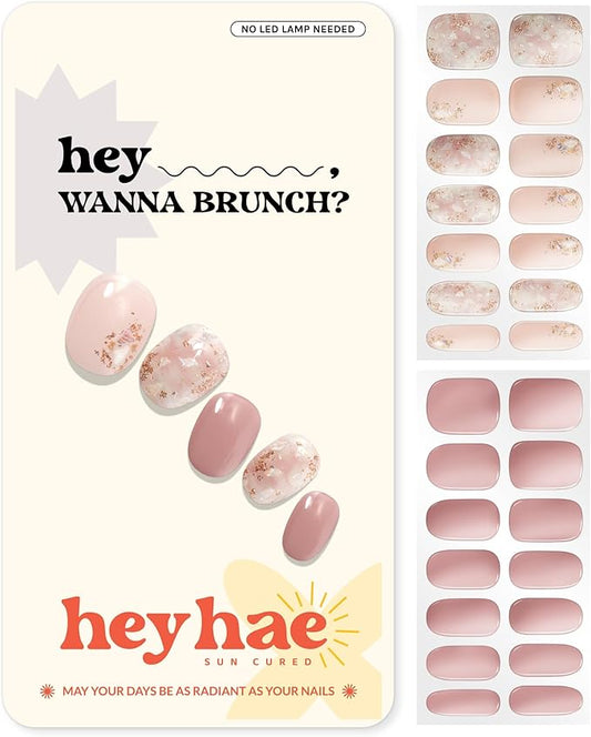 Heyhae Semi Cured Gel Nail Strips | No LED Lamp Needed | Glitter, Pink | Easy Apply & Remove, Salon Quality | Includes 28 Strips, 1 Prep Pads, Nail File & Wooden Stick - Hey, Wanna Brunch?