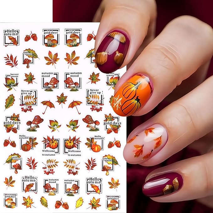 Maple Leaf Nail Art Stickers 3D Laser Shiny Autumn Winter Maple Red Leaf Nail Decals Autumn Maple Leaf Pumpkin Mushroom Nail Decoration Autumn Thanksgiving Day Nail Sticker for Women Nail Accessories