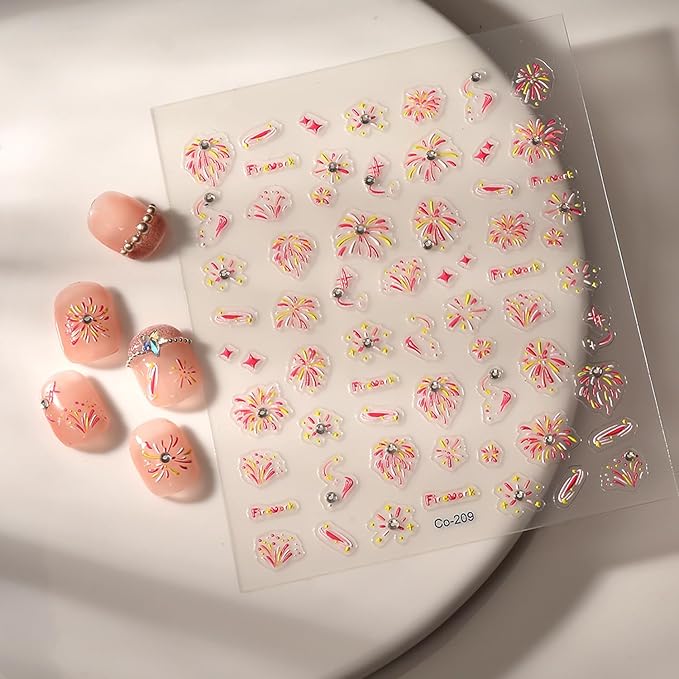 Colorful Fireworks Nail Stickers for Nail Art Embossed Fireworks Nail Art Stickers 5D Adhesive Glitter Rhinestones Fireworks Nail Decals Cute Fireworks Star Nail Supplies for Women DIY Manicure Decor