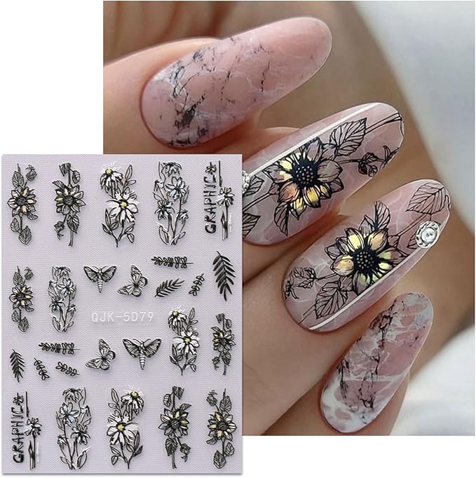 JMEOWIO 6 Sheets 3D Embossed Spring Flower Nail Art Stickers Decals Self-Adhesive Pegatinas Uñas 5D Colorful Summer Floral Leaf Nail Supplies Nail Art Design Decoration Accessories
