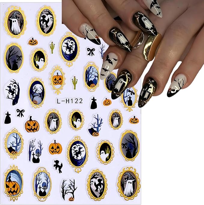 6 Pcs Halloween Nail Art Stickers Funny Ghost Nail Stickers Flower Bat and Spider Web Design Nail Decals Cute Pumpkin Nail Sticker Decorations for Women Manicure