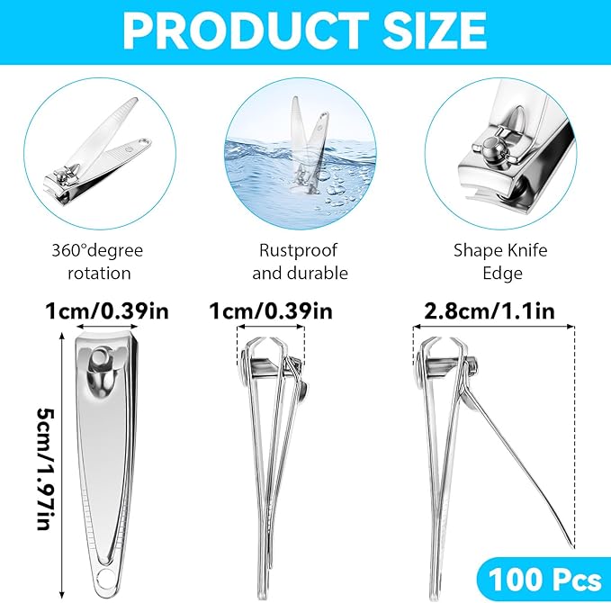 100 Pcs Nail Clippers Bulk for Men Women,Stainless Steel Portable Travel Fingernail Clipper,Flat Fingernail Clippers Sturdy Trimmer Pointed Manicure Care Tools