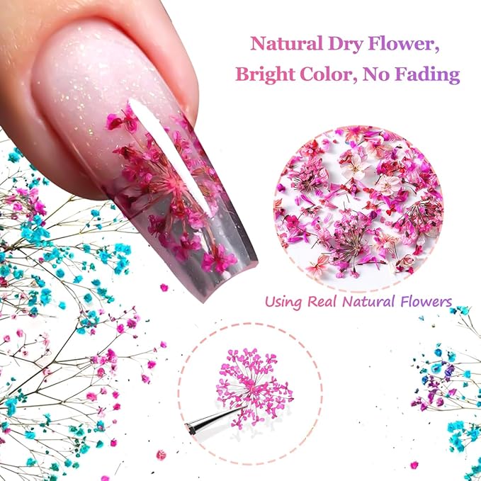 8 Boxs Dried Flowers for Nail Art,Colorful Mini Real Natural Flowers Nail Art Supplies,3D Gypsophila Floral Mixed Tiny Petals Decoration Kits for Resin Jewelry DIY Crafts Manicure Accessories