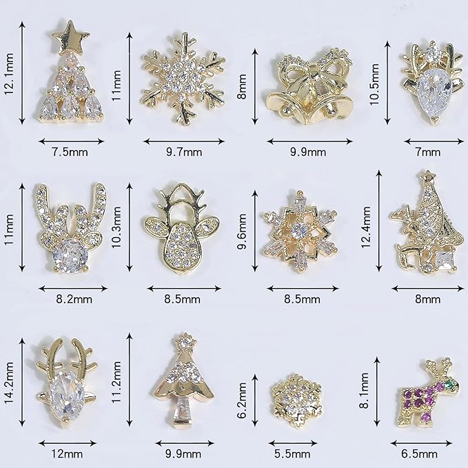 HNUIX 3D Nail Charms - Multi Shape, Zircon, Jewelry, Christmas, Gems Rhinestones, Gold Metal Base, for Nail Art