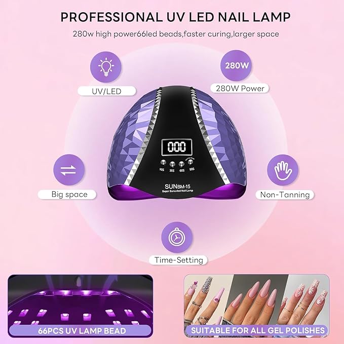 LED UV Nail Lamp, 280W Gel Nail Polish, Dryer, Professional Nail Lamp, UV Light for Nails with 66 Beads, Auto Sensor LED Gel Nail Lamp, 4 Timer Settings