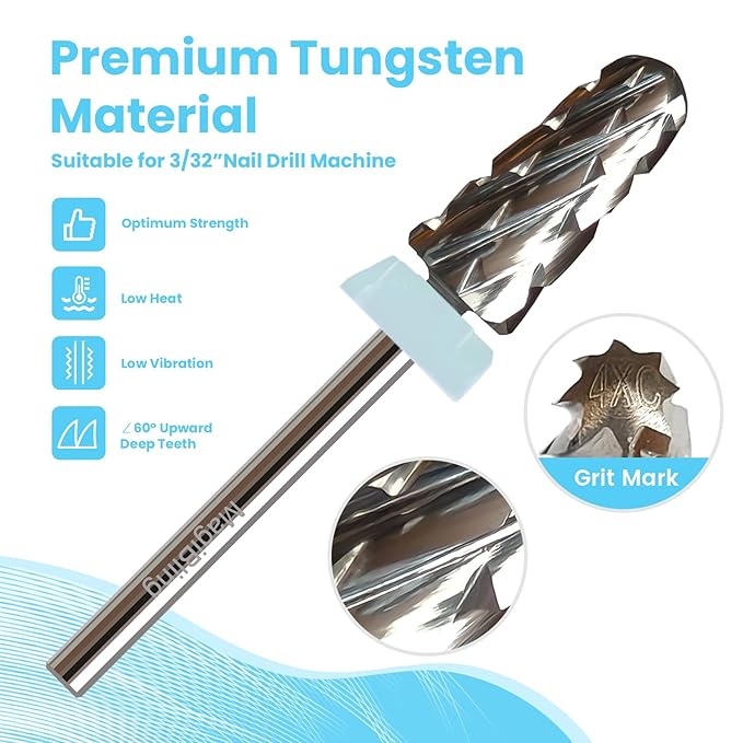 Super Cut Tapered Barrel 3/32'' Safety Tungsten Nail Drill Bits, Remove Gel Fast, Right handed, Suitable for Manicure Pedicure Cuticle Gel Polishing, Technicians Bits, Quadruple Coarse.