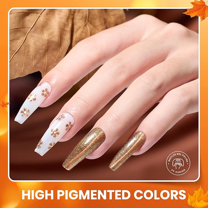 Beetles Fall Gel Nail Polish Set – Autumn Aura 20 Colors Gel Polish Kit, Burgundy Red Brown Yellow Orange Purple Cat Eye & Glitter Soak Off UV LED Manicure with Base Glossy Matte Top Coat