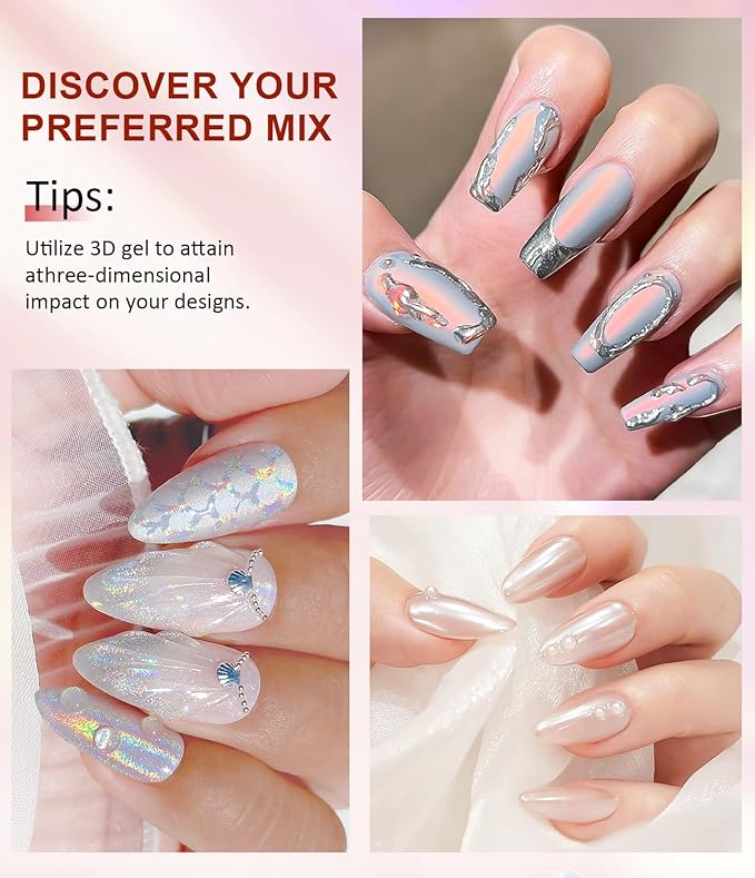Unicorn Chrome Nail Powder 6 PCS - Mermaid Chrome Iridescent Nail Powder with Laser Mirror Effect, Holographic Chrome Powder for 3D Gel Polish DIY Salon Moonlight Pink Blue Silver Pigments