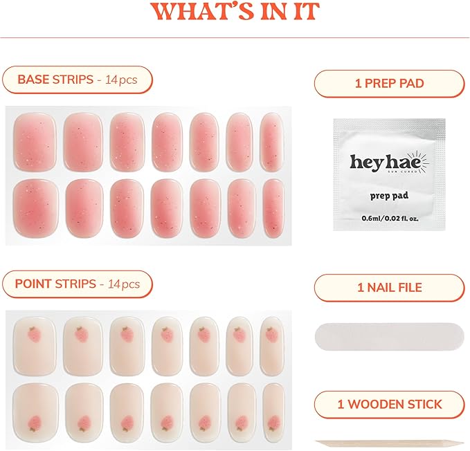 Heyhae Semi Cured Gel Nail Strips | No LED Lamp Needed | Glitter, Pink, Spring | Easy Apply & Remove, Salon Quality |Includes 28 Strips, 1 Prep Pads, Nail File & Wooden stick - Hey, You're Berry Sweet